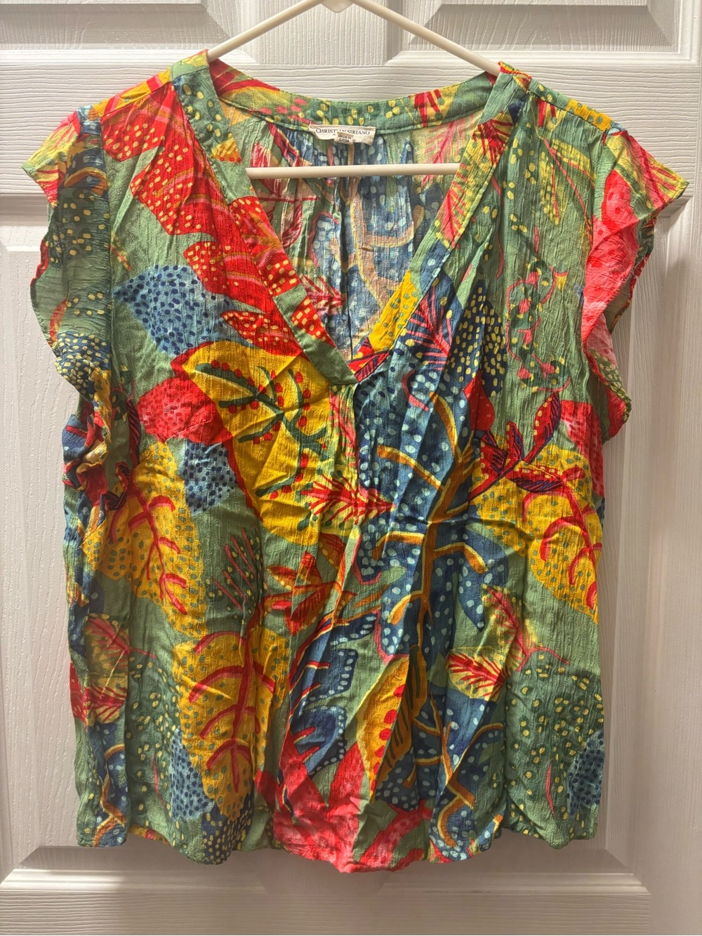 Christian Siriano Tropical V-Neck Flutter Sleeve Top